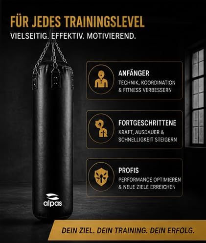 Alpas Boxsack 120cm - robust & langlebig | Sandsack in Profiqualität I 4-Punkt Stahlkette für Boxen,
