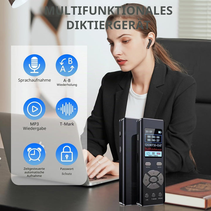 Digitales Diktiergerät mit MP3-Player, 64 GB, für Meetings, Interviews und Vorlesungen, A-B-Loop-Wie