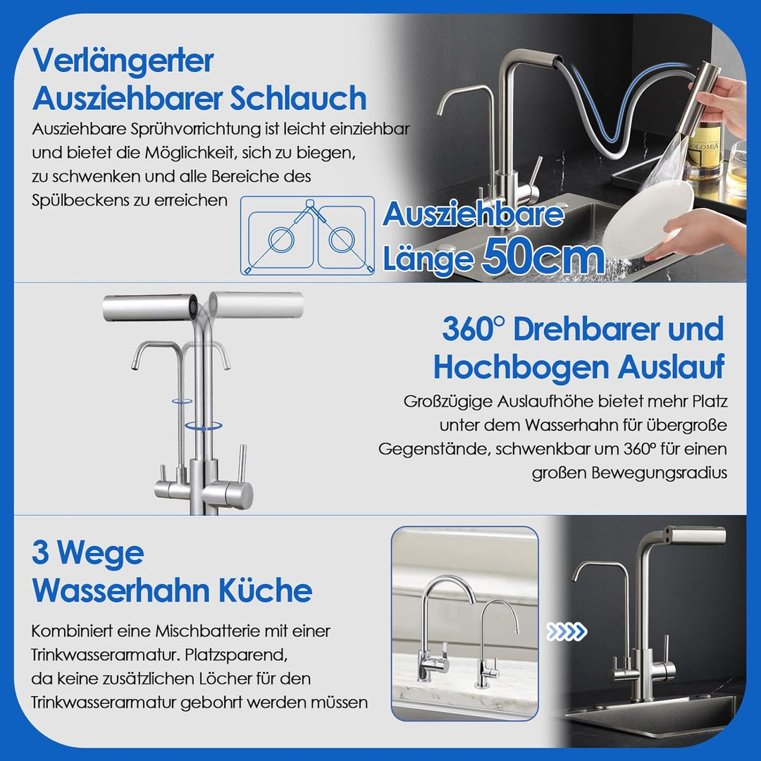 ROVOGO 3 Wege Wasserhahn Küche mit Filter, Küchenarmatur Ausziehbar mit 4 Strahlarten Brause, Doppel