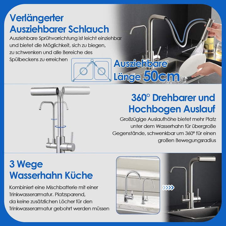 ROVOGO 3 Wege Wasserhahn Küche mit Filter, Küchenarmatur Ausziehbar mit 4 Strahlarten Brause, Doppel