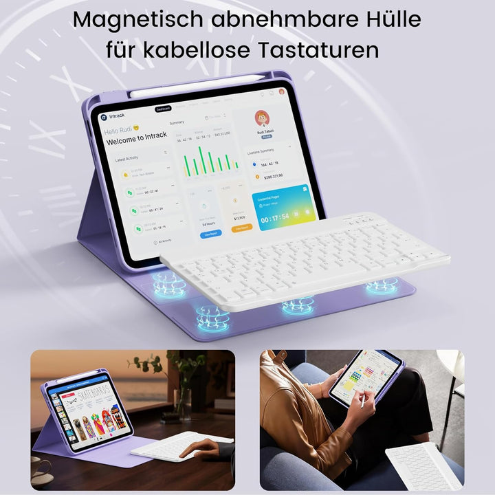 Hülle mit Tastatur für iPad 11/10 Generation mit Stifthalter, Magnetisch Abnehmbare Kabellose Blueto
