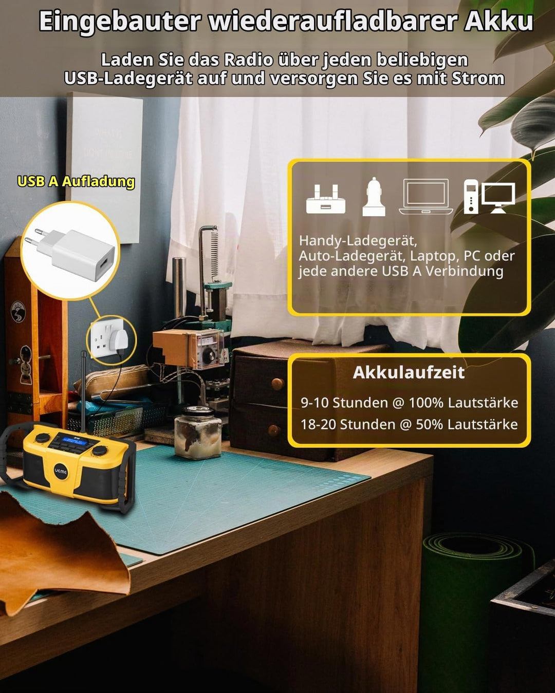 UEME DAB Plus Radio Baustellenradio Mit Akku,Outdoor Radio Mit Bluetooth, DAB+, FM Und Aux, Inklusiv