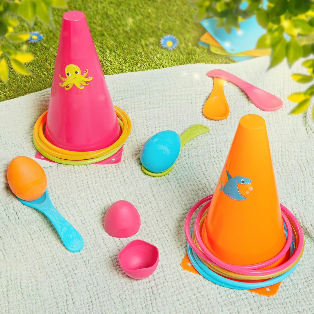 B. toys BX2188Z Wurfspiel, Ringwurfspiel mit Kegeln und Eierlauf Spiel – Garten, Kindergeburtstag, K