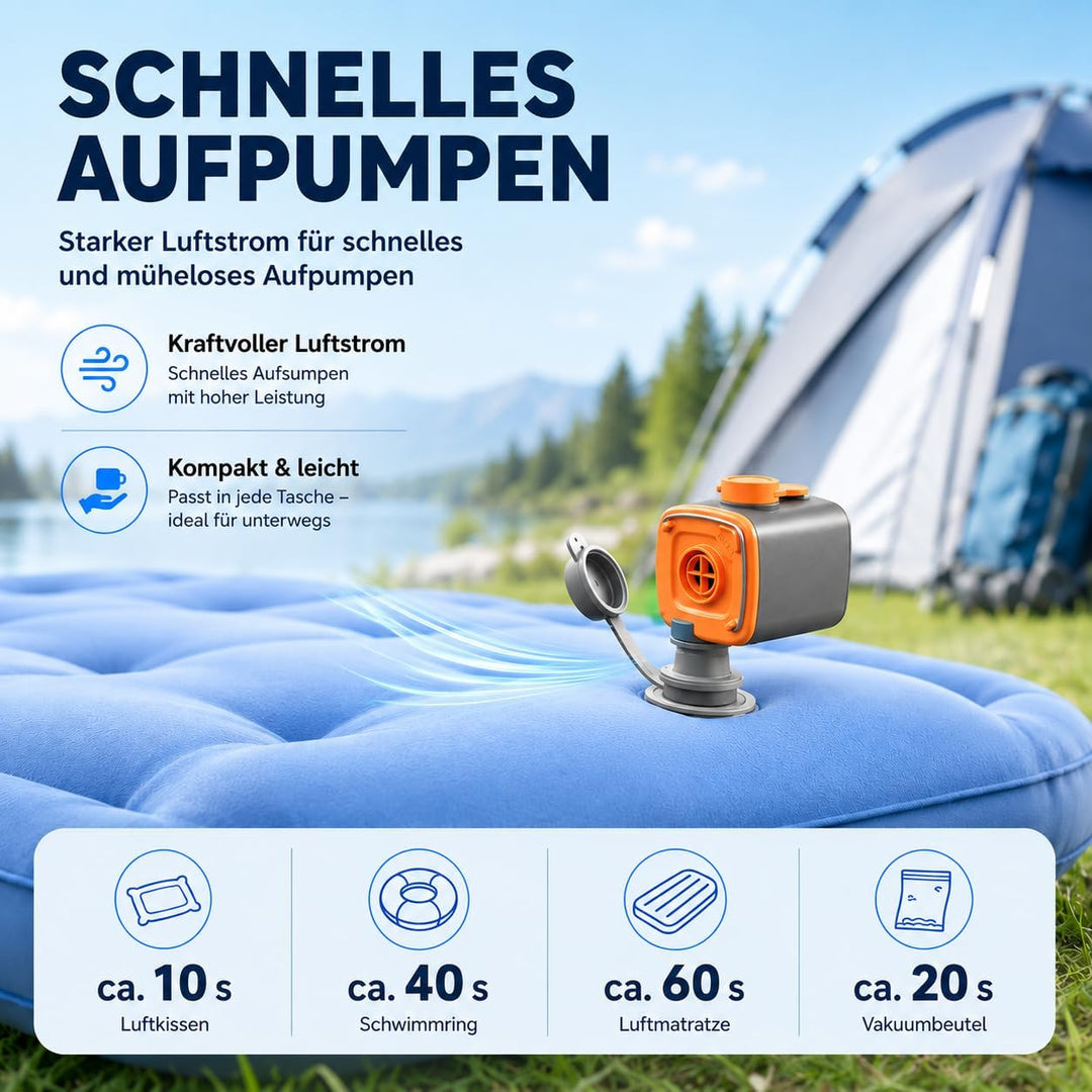 Elektrische Luftpumpe Akku Mini 3 in 1 mit 5 Düsen | 140g ultraleicht, 300L/min Luftstrom, Campingli
