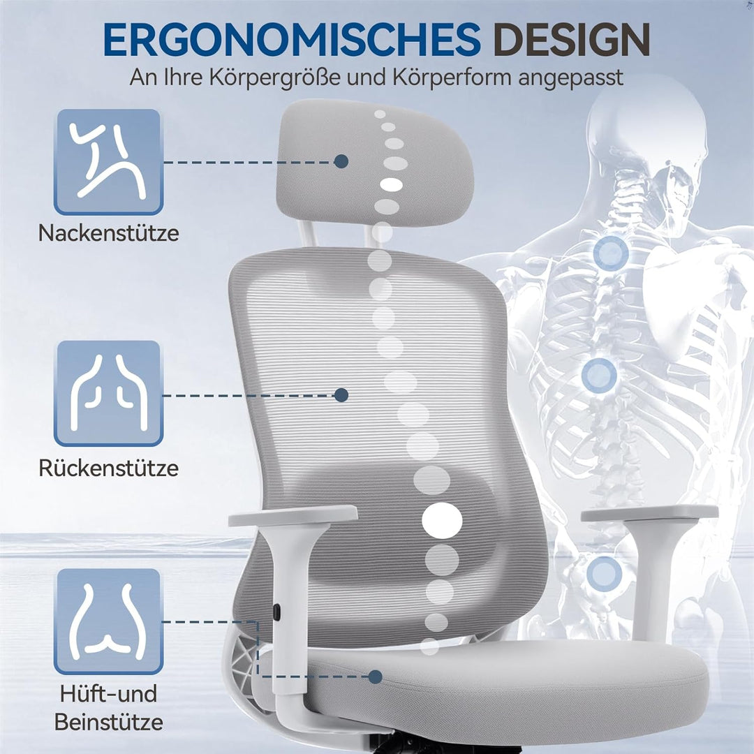 naspaluro 150kg Bürostuhl Ergonomisch Netzbezug 3D Armlehnen | Neigbare Rückenlehne mit Kopfstütze,