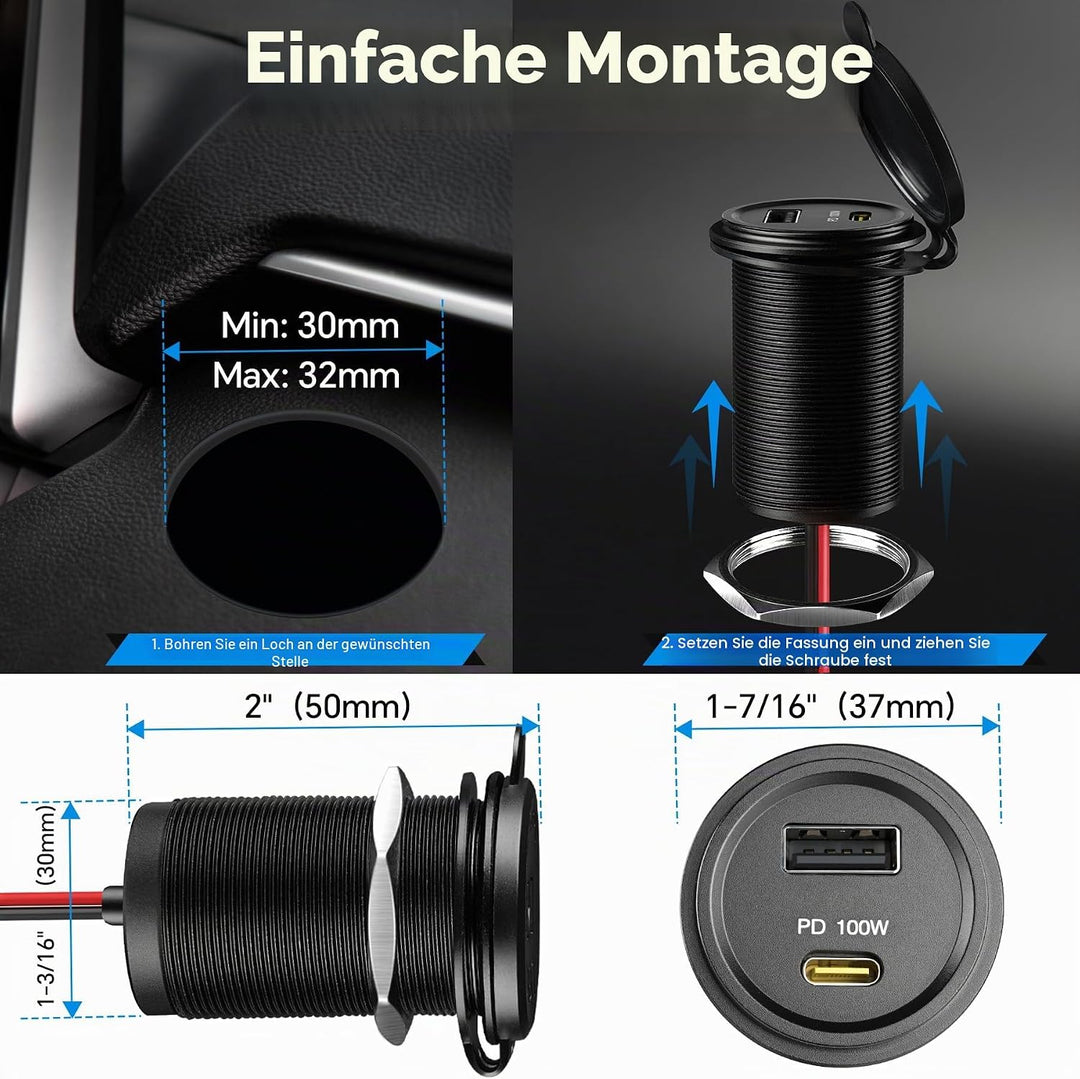 acegoo 12V USB C Steckdose 100W PD &amp; 18W QC, Wohnmobil Auto USB Dose Buchse 12 Volt KFZ Wasserdicht