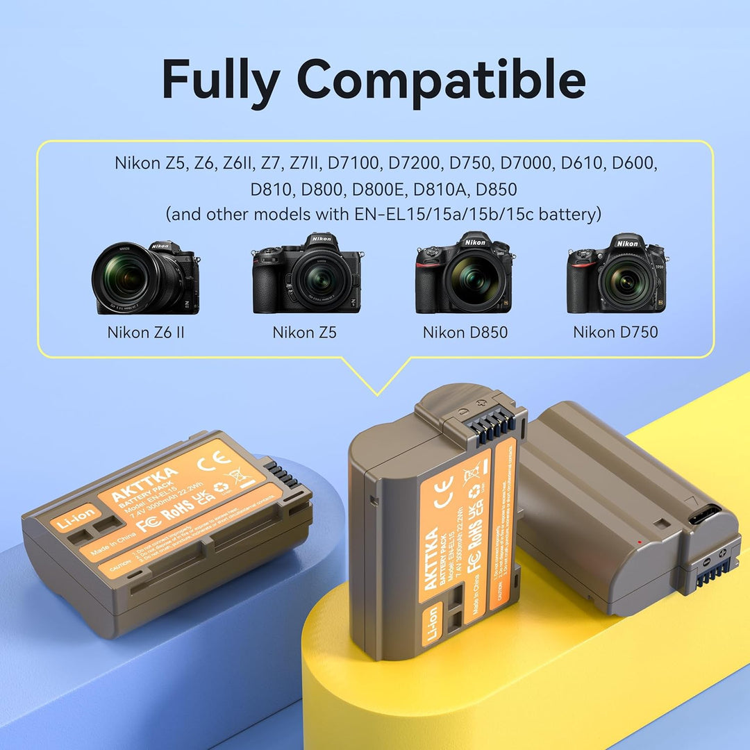EN-EL15C Akkus 3000mAh (3er-Pack) mit direkter USB-C-Aufladung – Kompatibel mit Nikon EN-EL15/EL15C,