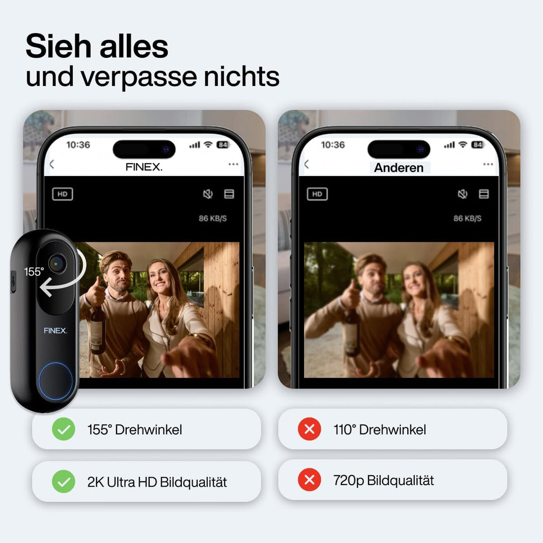 FINEX Video Türklingel, inkl. Innenklingel & Batterien, Tag- & Nachtmodus, Ohne Abonnement, Kabellos
