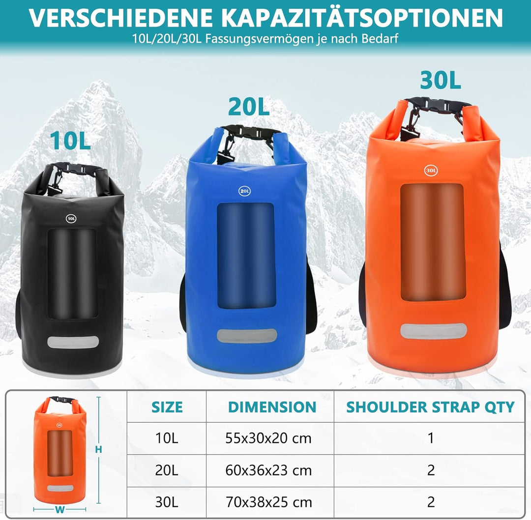 wasserdichte Tasche für Wassersport, 10L/20L/30L Dry Bag mit Handy Tasche, Wasserfester Rucksack, Le