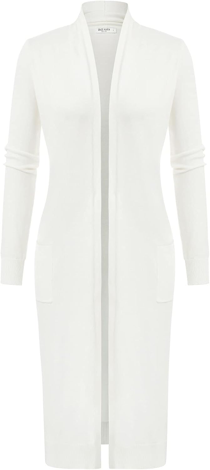 GRACE KARIN Damen Strickjacke Lang Langarm Casual Cardigan Sweater Open Front S Ivory-maxi Lang, S I