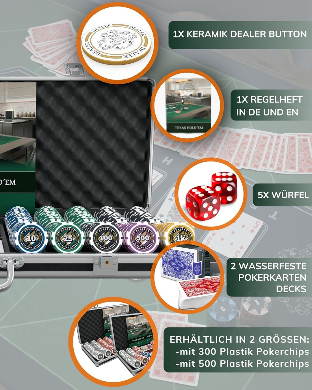 Bullets Playing Cards | Pokerkoffer Deluxe „Christopher“ mit 500 Plastik Pokerchips 12g | Pokerset m