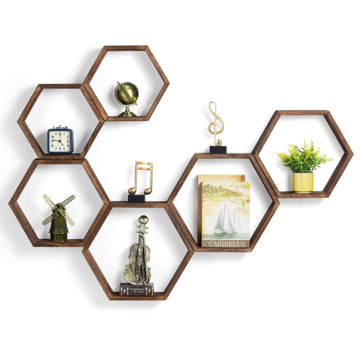 YBING Schwebendes Sechseck-Regal Wandregal aus Holz (Braun-6Pack), Braun