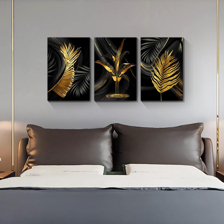 3 Teilig Goldenes Blatt Leinwandbilder Bilder Abstrakt Palmblatt Farn botanisch Blätter bild auf lei