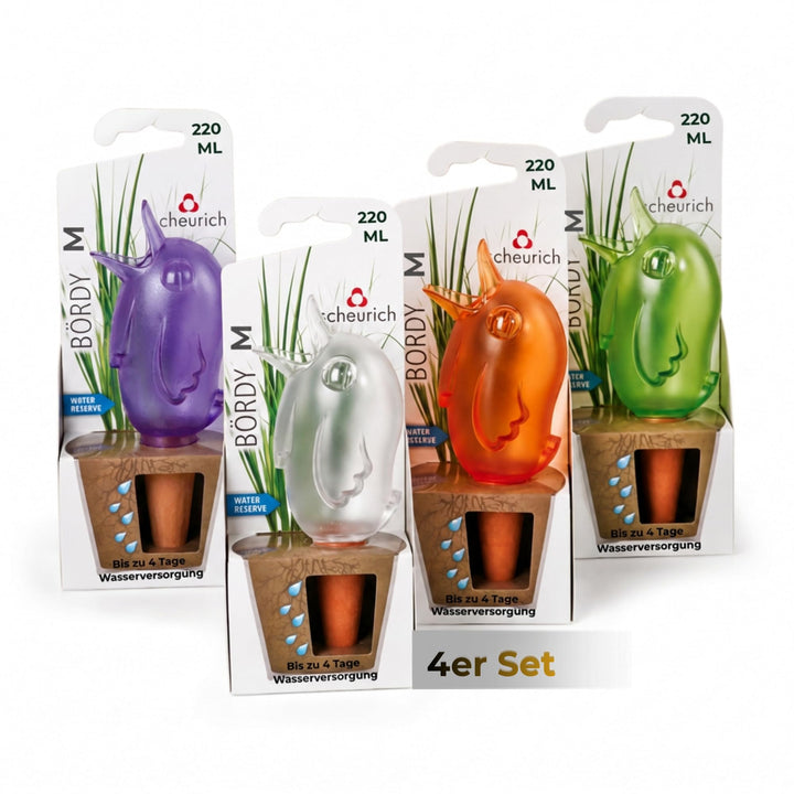 Scheurich Wasserspender Bördy M | 4er Set Lila/Grün/Transparent/Orange | 220 ml Füllmenge | Bewässer