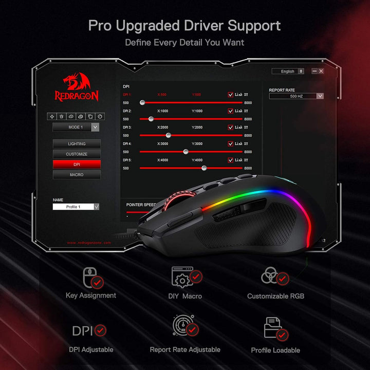 Redragon M612 Predator RGB Gaming Maus, 8000 DPI kabelgebundene optische Gamer-Maus mit 11 programmi