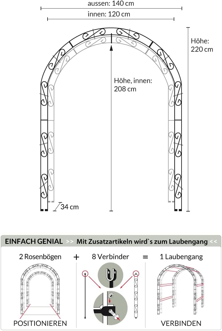 KUHEIGA Rosenbogen aus Metall 12mm Massiveisen! B: 140cm Rost - Rankbogen sehr stabil