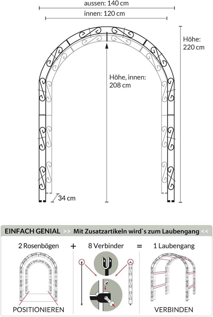 KUHEIGA Rosenbogen aus Metall 12mm Massiveisen! B: 140cm Rost - Rankbogen sehr stabil