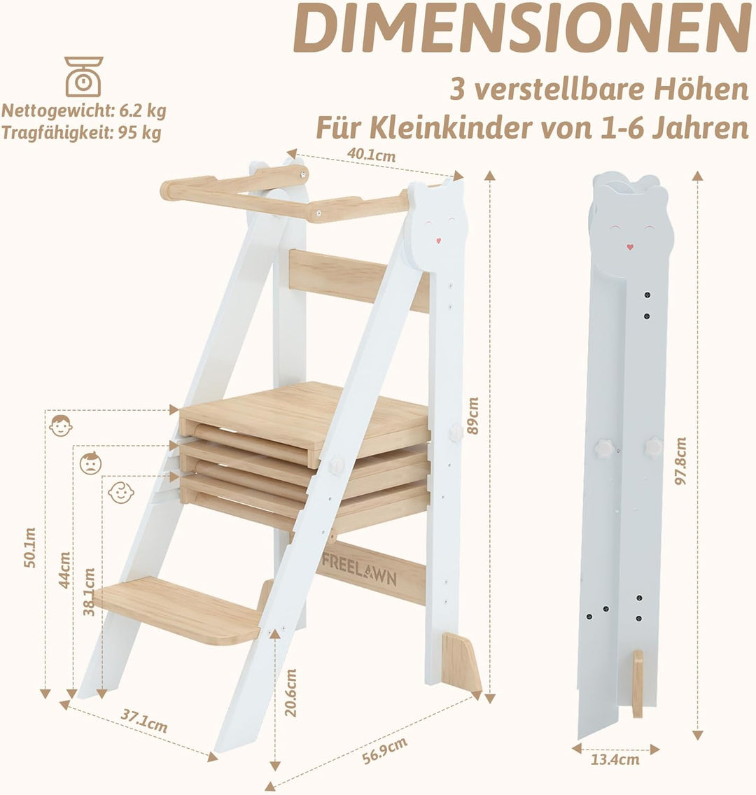 Lernturm Klappbar & 3-Fach Höhenverstellbar - Kippsicherer Learning Tower aus Kiefernholz - Mitwachs