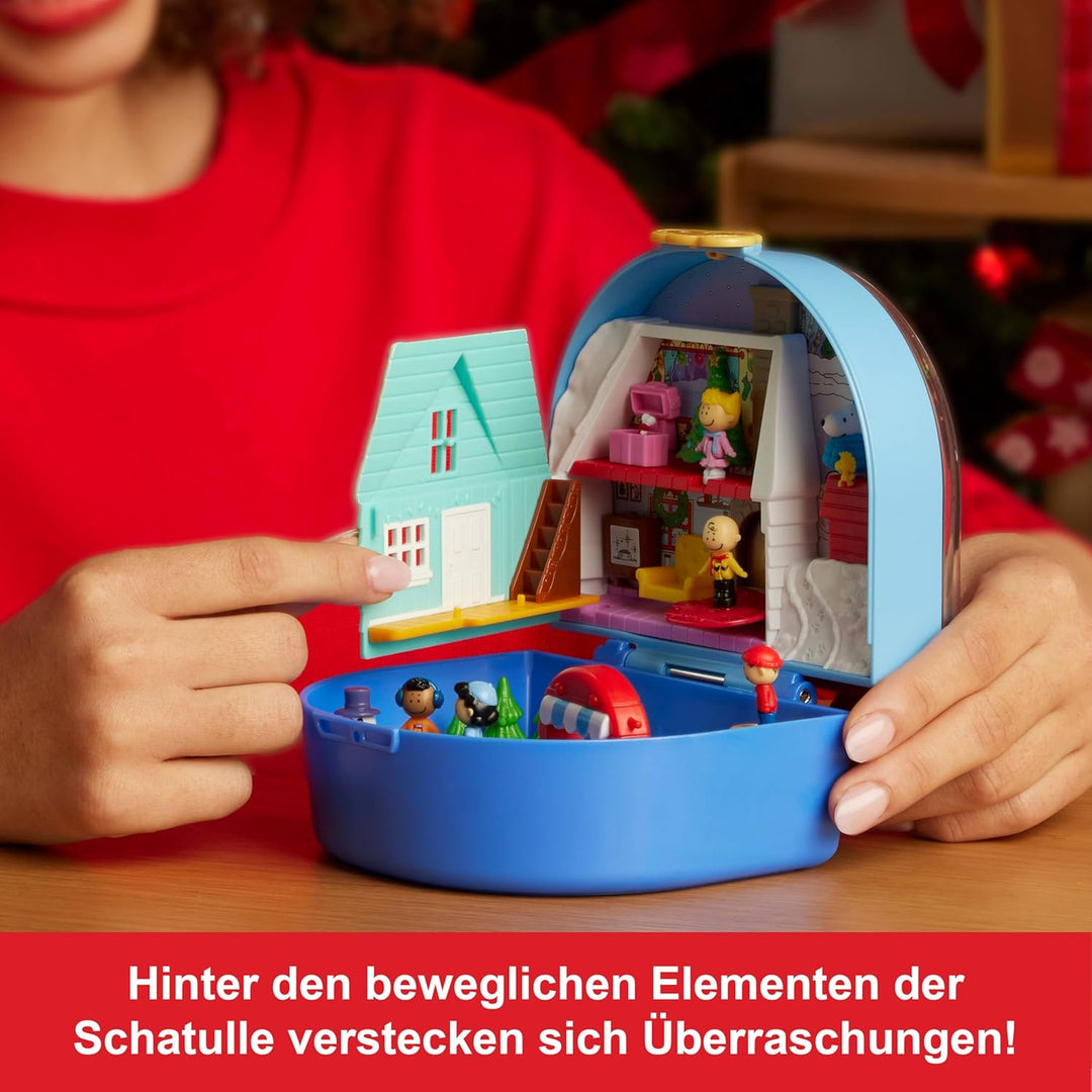Polly Pocket x Peanuts Sammler-Schatulle, Minipuppen und Spielset, 7 thematische Zubehörteile, 4 sym