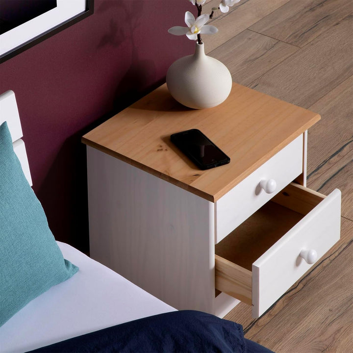 IDIMEX Nachttisch Rondo,Kommode aus Kiefer massiv, weiss/braun lackiert, 2 Schubladen, Landhausstil,