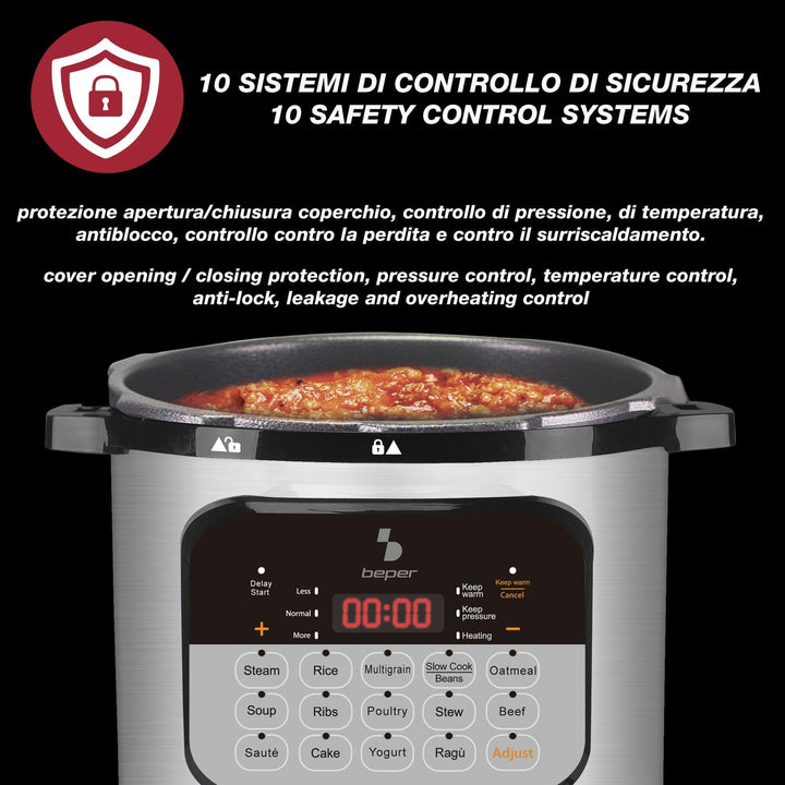 BEPER P101COS002 Schnellkochtopf 6 Liter, 15 Kochprogramme, Schongarer, 24-Stunden-Timer, 3 Druckstu