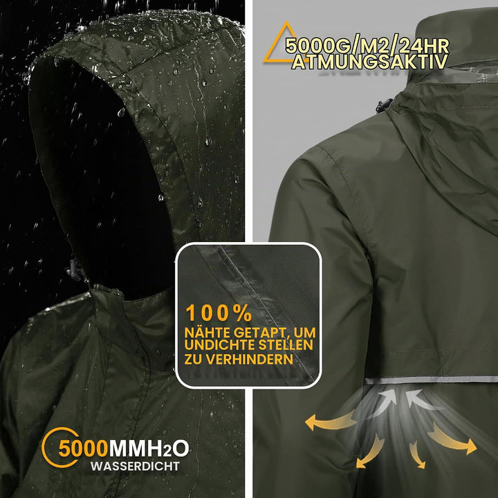 Outdoor Ventures Herren Regenjacke Wasserdichter Pullover mit Kapuze Packbare Reflektierende Jacke L