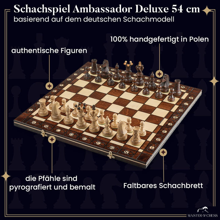 Absolut erstaunlich, "Botschafter DE LUX" 54x54cm dekorative hölzerne Schach gesetzt. 100 % Handarbe