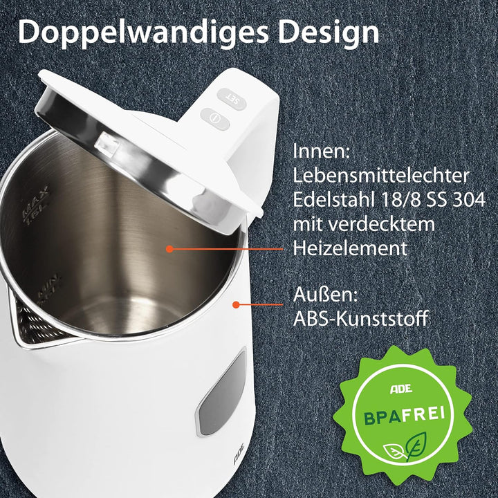 ADE Energiesparender Wasserkocher mit Temperatureinstellung 40-100°C | 1,5 l | Edelstahl | BPA-frei