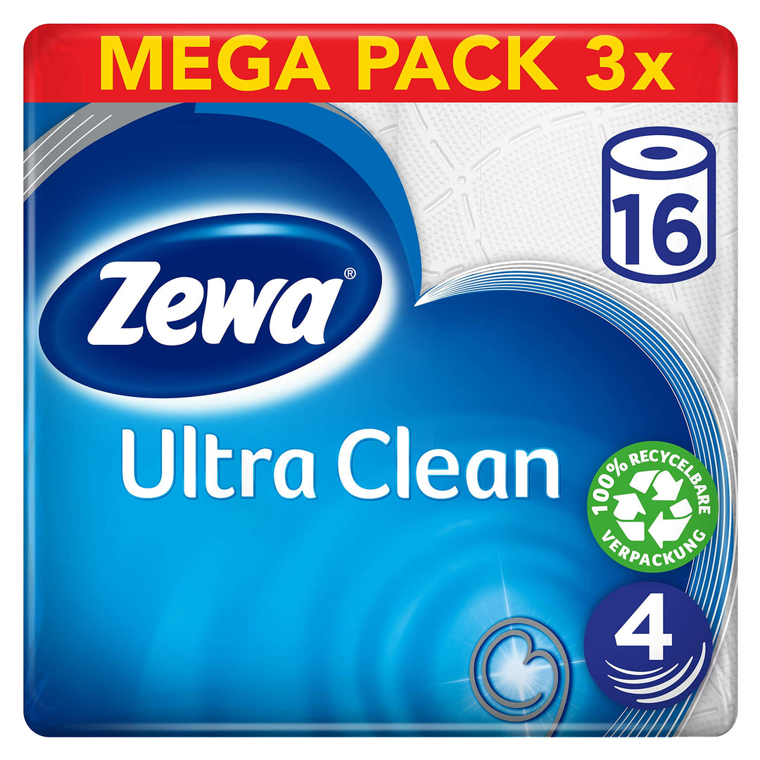 Zewa Toilettenpapier Ultra Clean 4-Lagig, Mega Pack, 3 Packungen (48 Rollen x 135 Blatt) Mehrfarbig