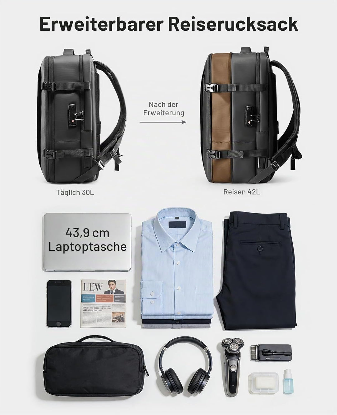 MARK RYDEN 30L/42L Business Carry-on Travel Backpack, Lightweight Flight-Approved Expandable Weekend