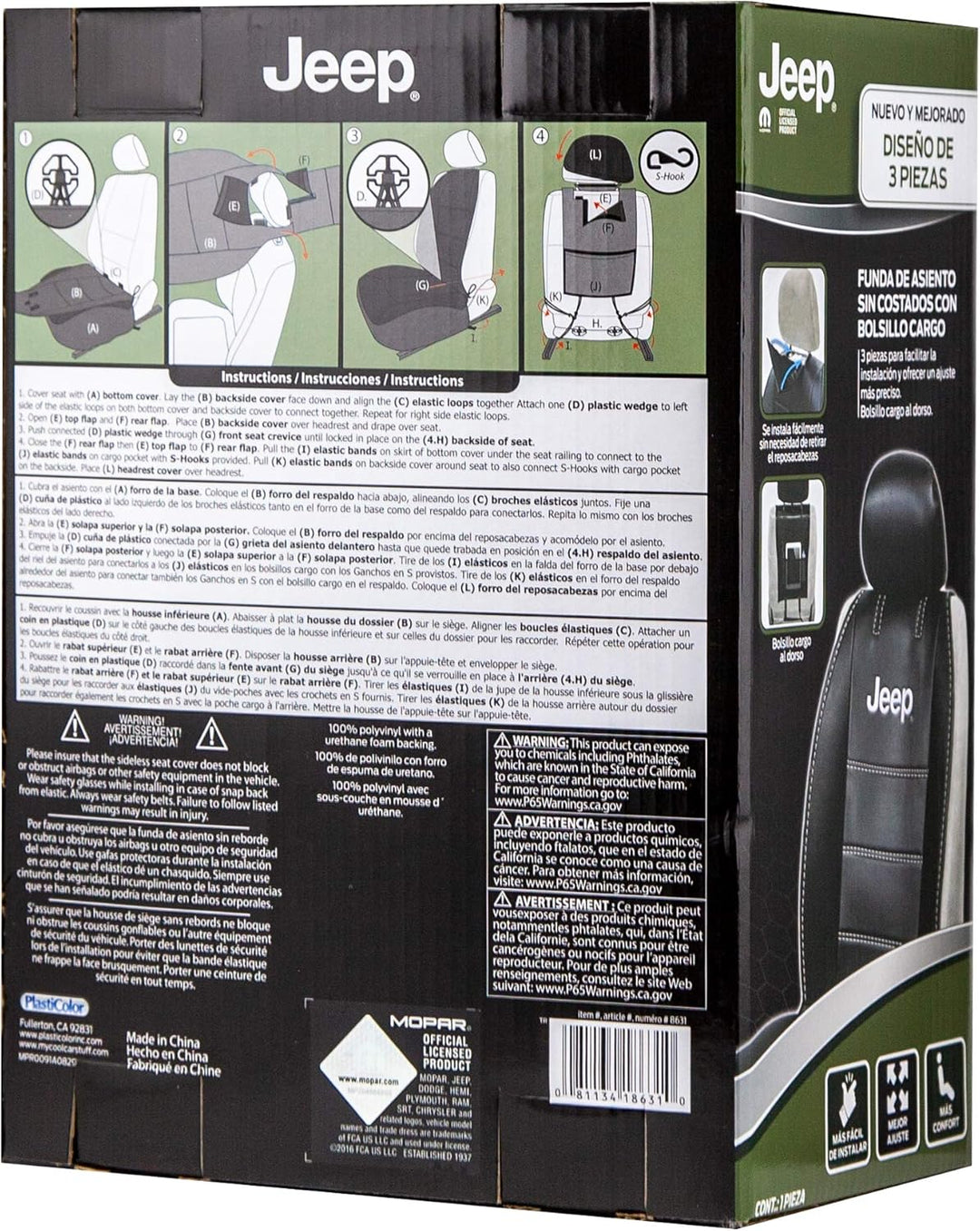 Plasticolor 008631R01 Black Jeep Logo Sitzbezug mit gestickter Kontrastnaht 3-teilig Seitenloser Sty