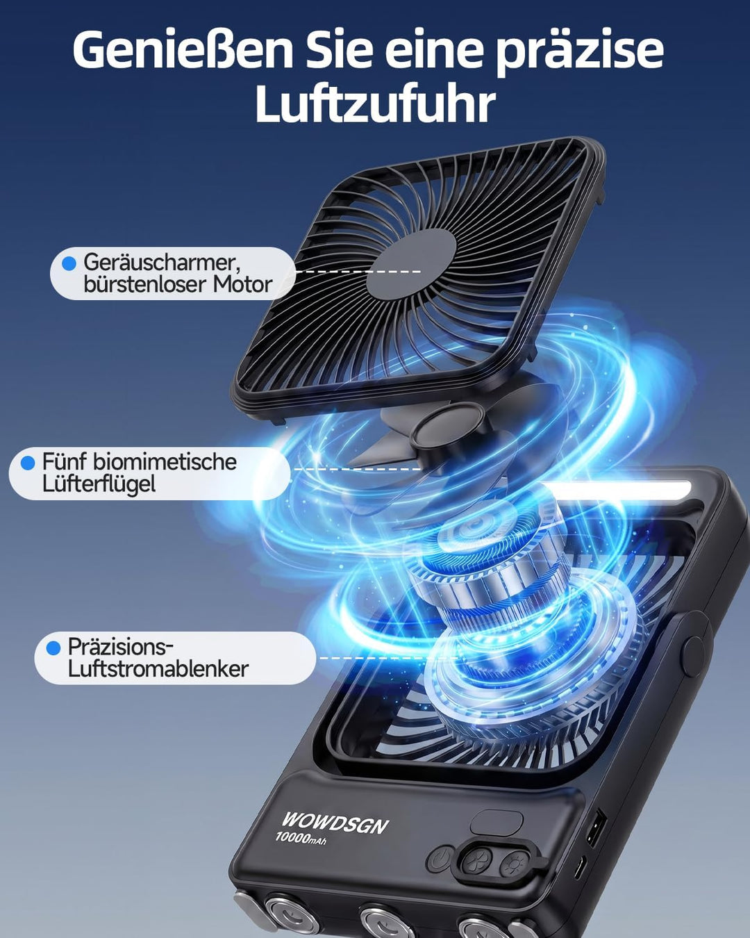 WOWDSGN 𝐌𝐚𝐠𝐧𝐞𝐭𝐢𝐬𝐜𝐡𝐞𝐫 Ventilator 𝟏𝟎𝟎𝟎𝟎𝐦𝐀𝐡 Akku, Tischventilator USB mit LED-Nachtlicht &amp; Haken, Power