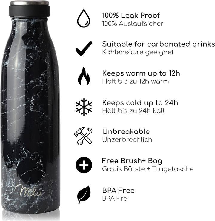 Milu Edelstahl Trinkflasche 350ml 500ml 750ml 1L 1,5L Thermosflasche, Isolierte Wasserflasche, Ausla