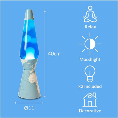FISURA - Lavalampe Welt. Basis Weltkarte, blaue Flüssigkeit und weisse Lava. Lavalampe mit Ersatzbir
