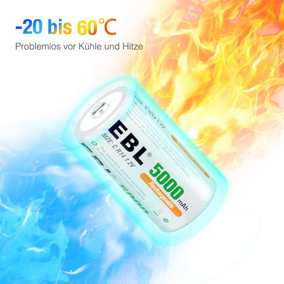 EBL Baby C Akku 5000mAh - NI-MH wiederaufladbare Batterie 4er Pack mit Aufbewahrungsbox, 1,2V Typ C