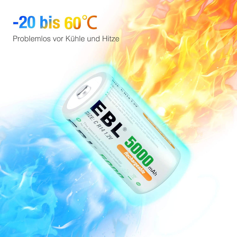 EBL Baby C Akku 5000mAh - NI-MH wiederaufladbare Batterie 4er Pack mit Aufbewahrungsbox, 1,2V Typ C