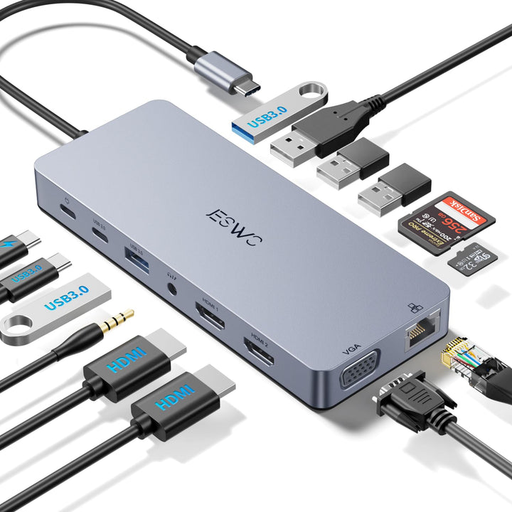 Dockingstation Laptop 2 Monitore, 14-in-1 Docking Station USB C Hub mit 2 HDIM 4K Adapter,VGA,100W P