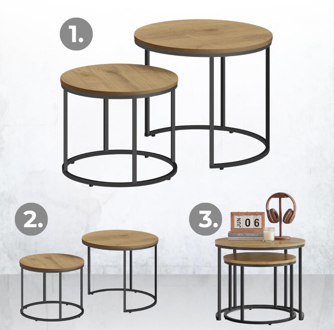 FORTENA 2er Set Couchtische, Schwarze oder goldene Metallbeine, Industrial-Stil, Raund (Eiche – Schw