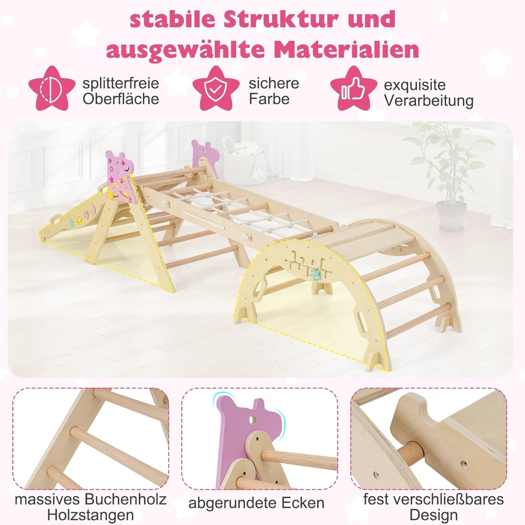GOPLUS 9-in-1 Klettergerüst Indoor, Kletterdreieck Holz, 4er Set Kletterspielzeug mit Kletternetz, K