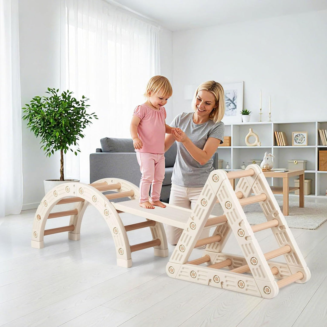 Costway 5-in-1 Klettergerüst Indoor, Kletterdreieck mit Kletterbogen & Holzdreieck & Rutsche, inkl.