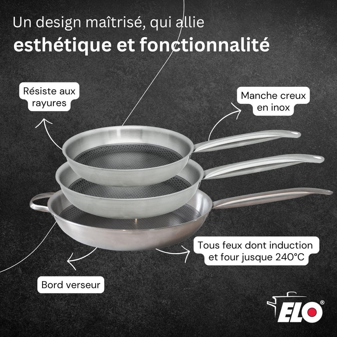 ELO 9349950 Pfannen-Set, 3 Stück, 24, 28 und 32 cm, aus Edelstahl 18-10, Pfanne, ohne PFAS, Antihaft