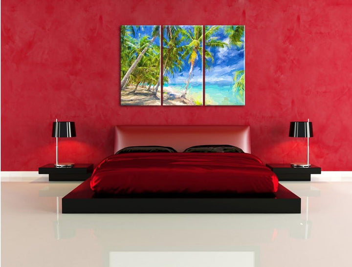 Pixxprint Traumstrand mit Palmen Pinsel Effekt 3-Teiler Leinwandbild 120x80 Bild auf Leinwand