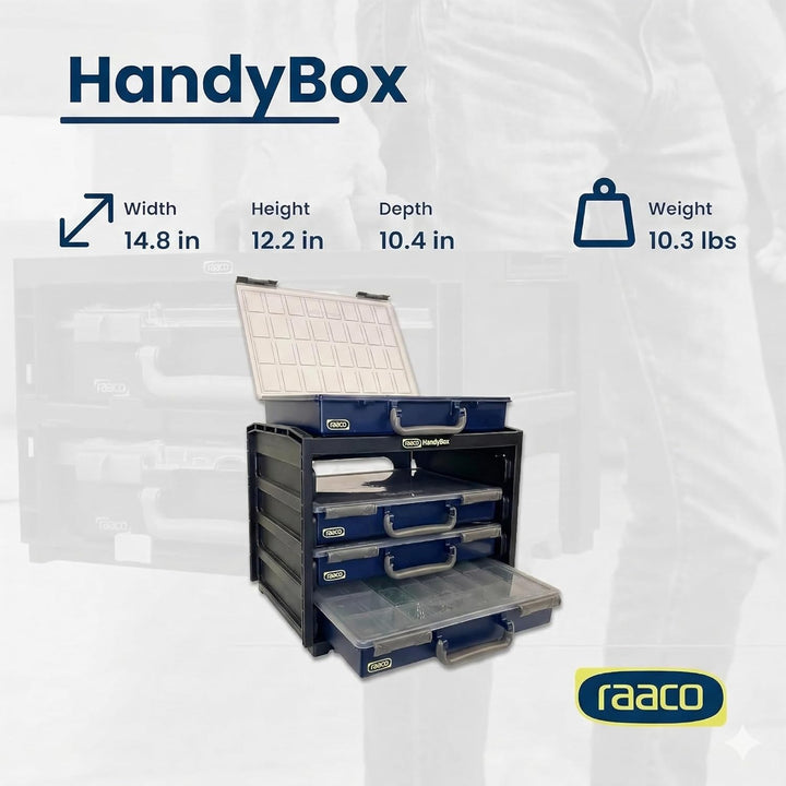raaco HandyBox 55x4: Sortimentskasten für Werkstatt, Kistenberg mit 4 Sortierkasten für Kleinteile,