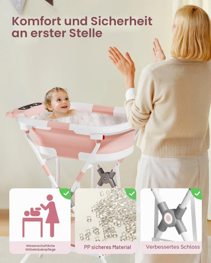 COOSEYA Baby Badewanne mit Gestell für 0-18 Monate, Faltbare Babybadewanne mit Stützpolster und Temp