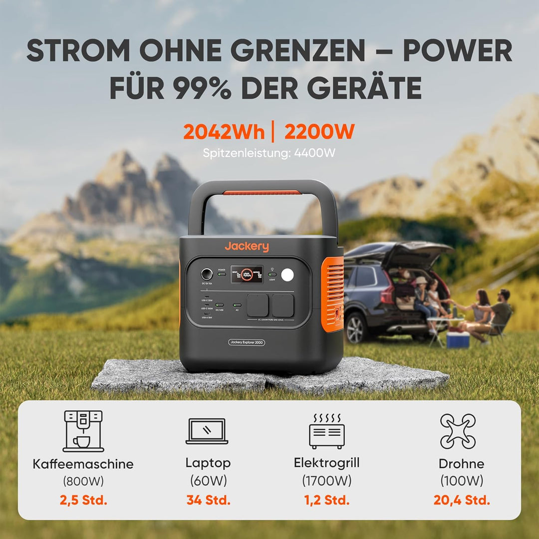 Jackery E2000 v2 tragbare Powerstation mit DC8020 Kfz-Ladekabel, LiFePO4 Akku, 2042Wh Solargenerator