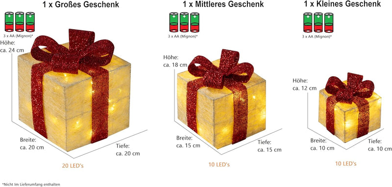 Bambelaa! 3er Led Deko Geschenke Leucht Boxen Timer Weihnachts Dekoration Weihnachtsdeko Beleuchtet