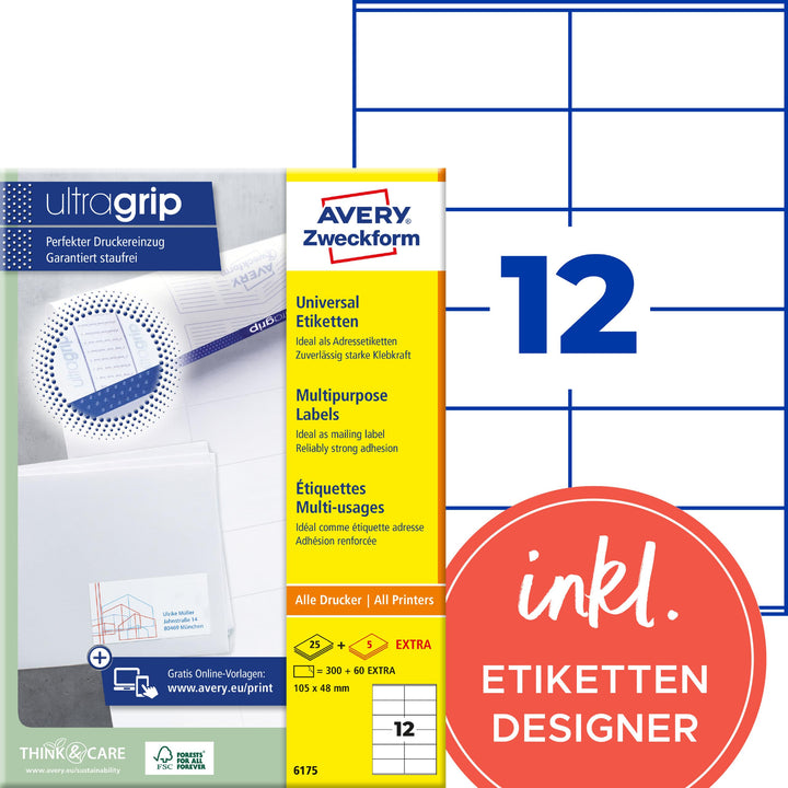AVERY Zweckform 6175 Adressaufkleber (300 plus 60 Klebeetiketten extra, 105x48mm auf A4, Papier matt