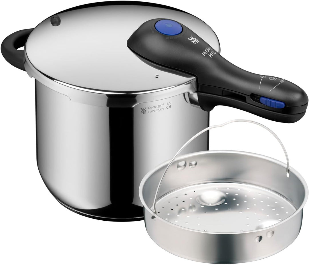 WMF Perfect Plus Schnellkochtopf Induktion 6,5l, mit Einsatz, Dampfkochtopf mit Flammschutz, grosses