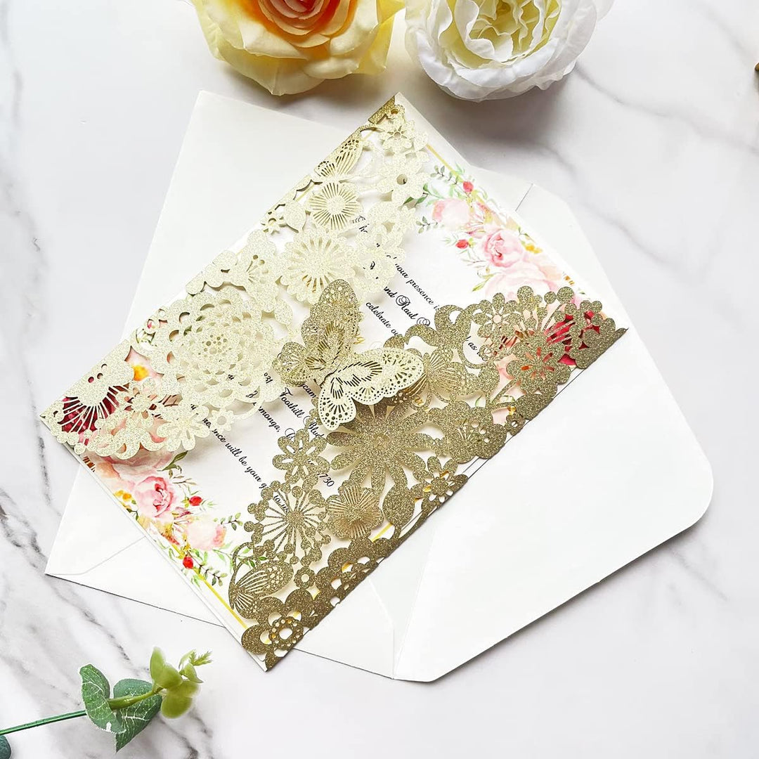 Hosmsua 20 x Blanko-Champagner-Gold-Glitzer-Hochzeitseinladungskarten mit Schmetterlingsspitze, Flor