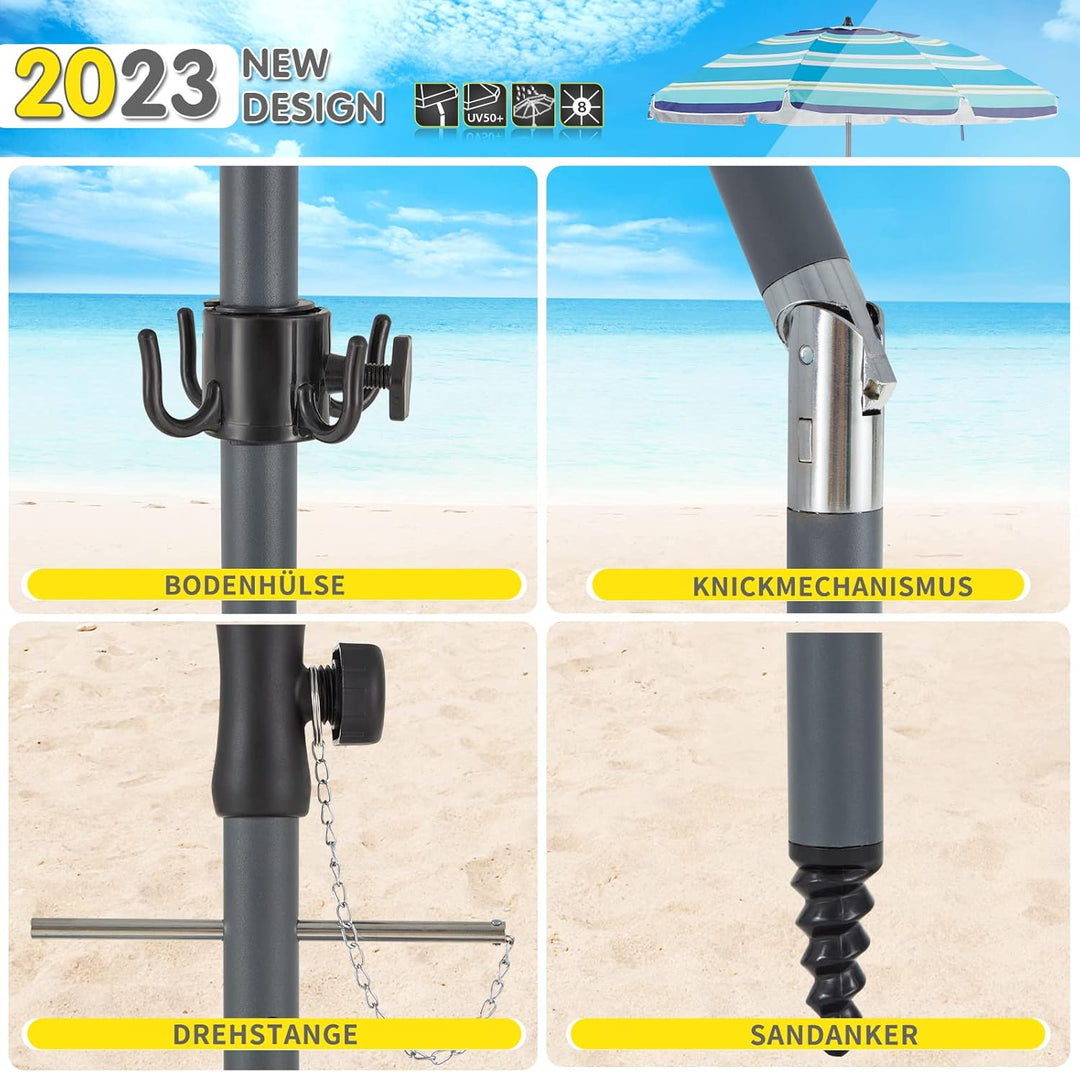 HOMEDEMO 2023 Upgrade Sonnenschirm Balkon Strandschirm, 217cm Marktschirm Inkl. 5in1 Tisch & Haken &
